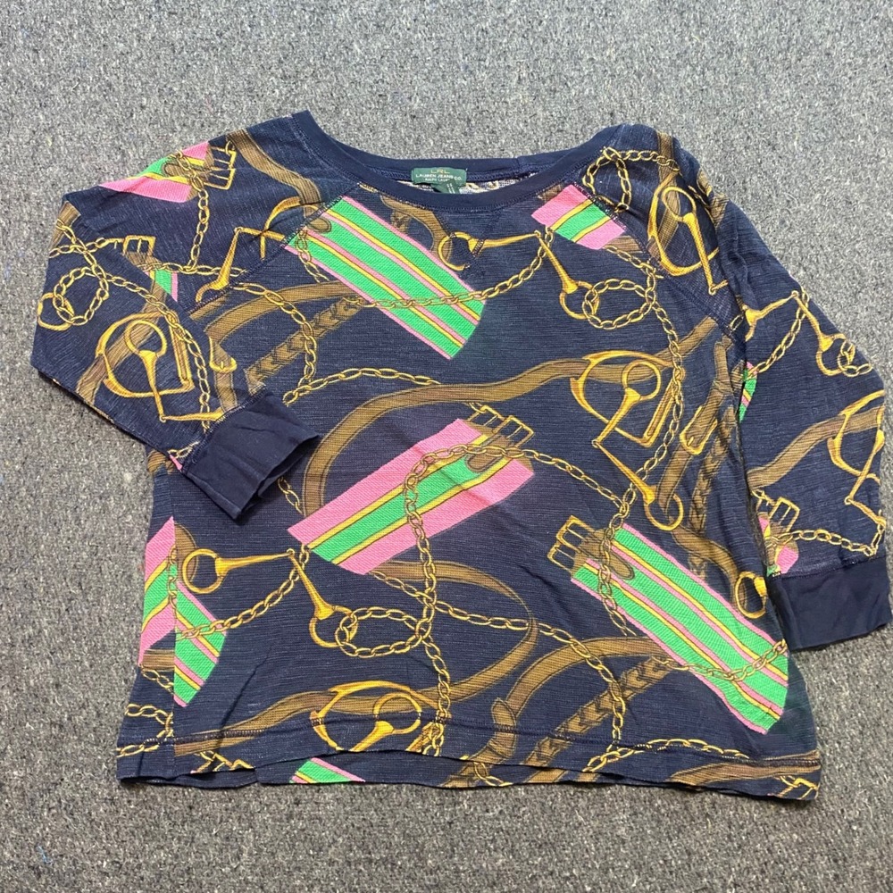 Ralph Lauren Equestrian Chain Top Sz XL Womens Navy Blue Preppy Horsebit Raglan